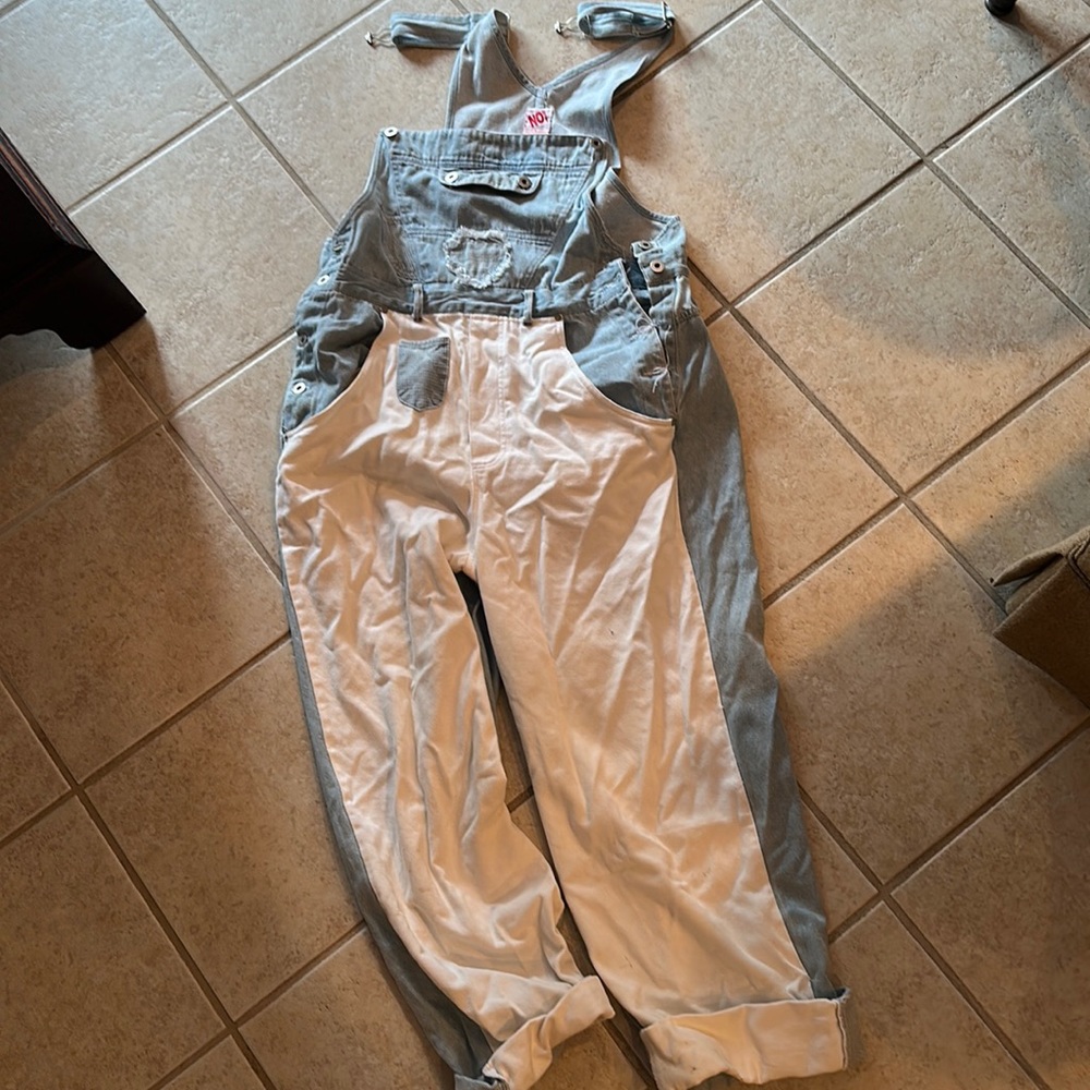 Blue and white denim overalls